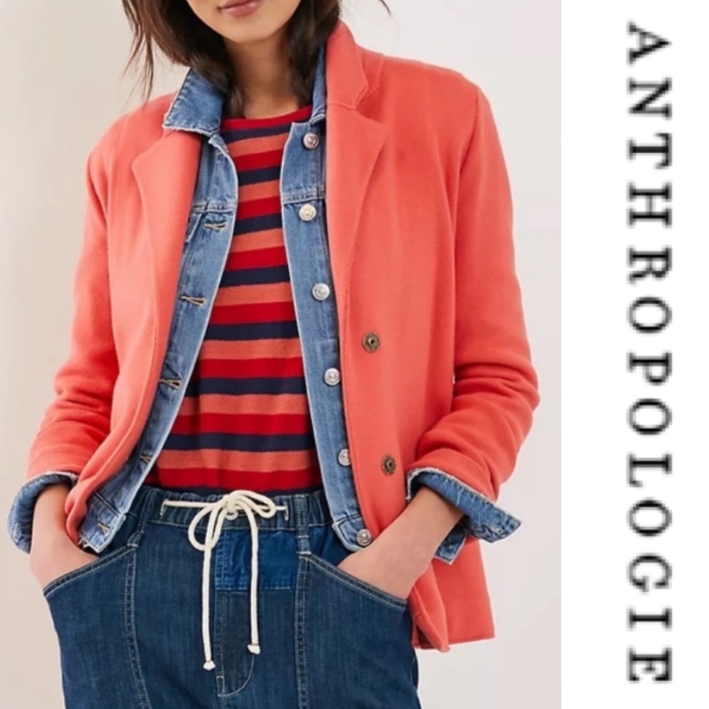 Anthropologie | Maeve Benni Sweater-Knit Coral Orange Blazer | Large *Like New*